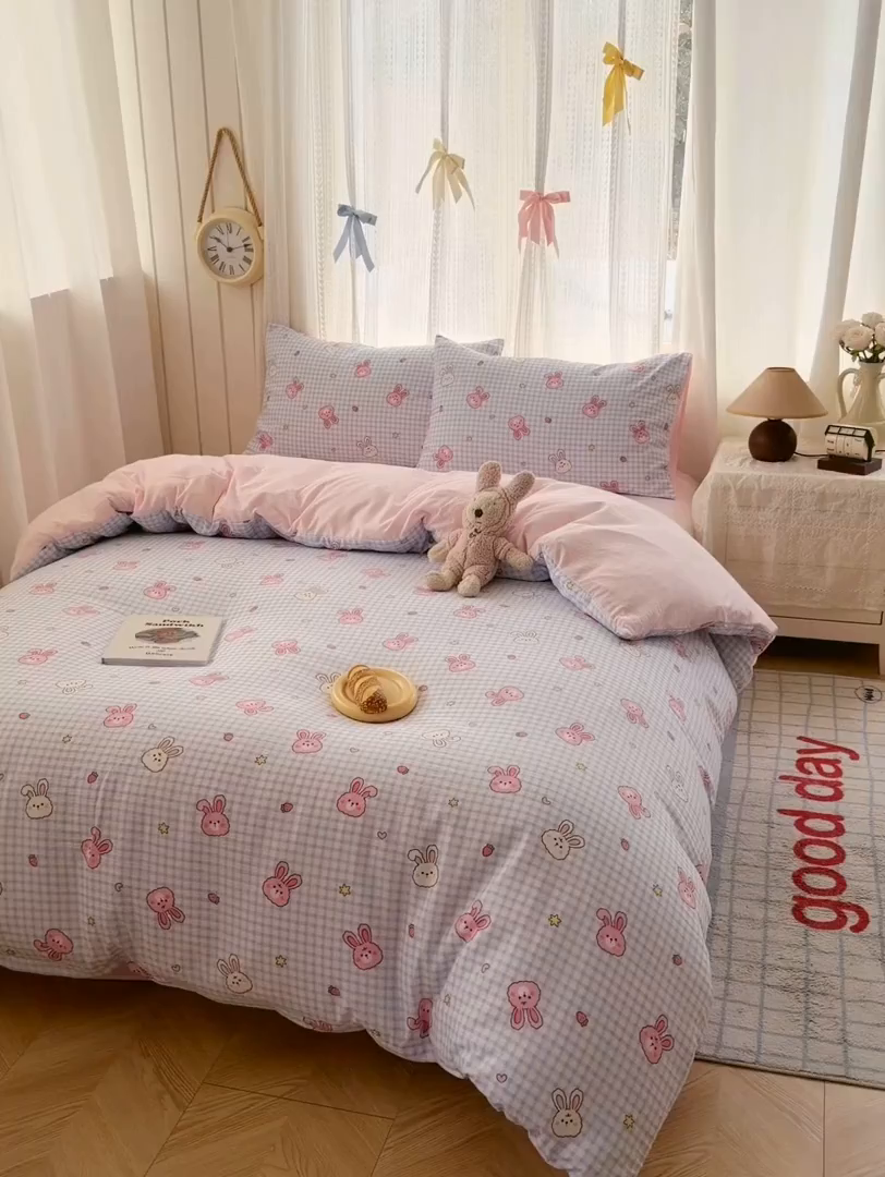 91家纺网 家纺一手货源 找家纺 温眠家纺 2026新款云感针织提花双层纱四件套 快乐小兔