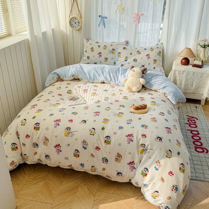 91家纺网 家纺一手货源 找家纺 温眠家纺 2026新款云感针织提花双层纱四件套 快乐小新