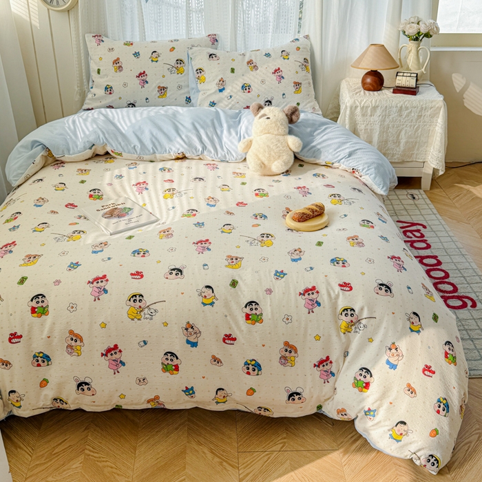 91家纺网 家纺一手货源 找家纺 温眠家纺 2026新款云感针织提花双层纱四件套 快乐小新