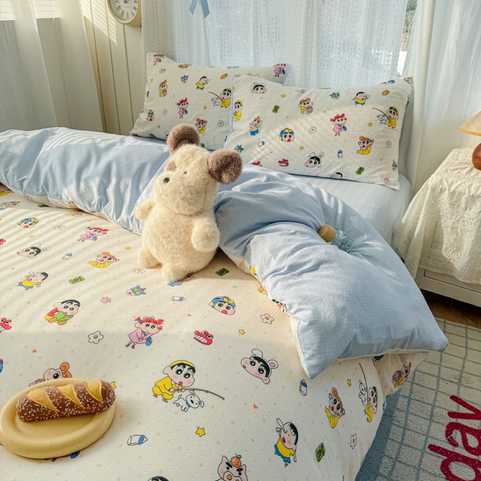 91家纺网 家纺一手货源 找家纺 温眠家纺 2026新款云感针织提花双层纱四件套 快乐小新