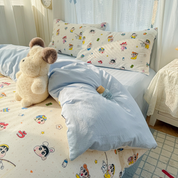 91家纺网 家纺一手货源 找家纺 温眠家纺 2026新款云感针织提花双层纱四件套 快乐小新