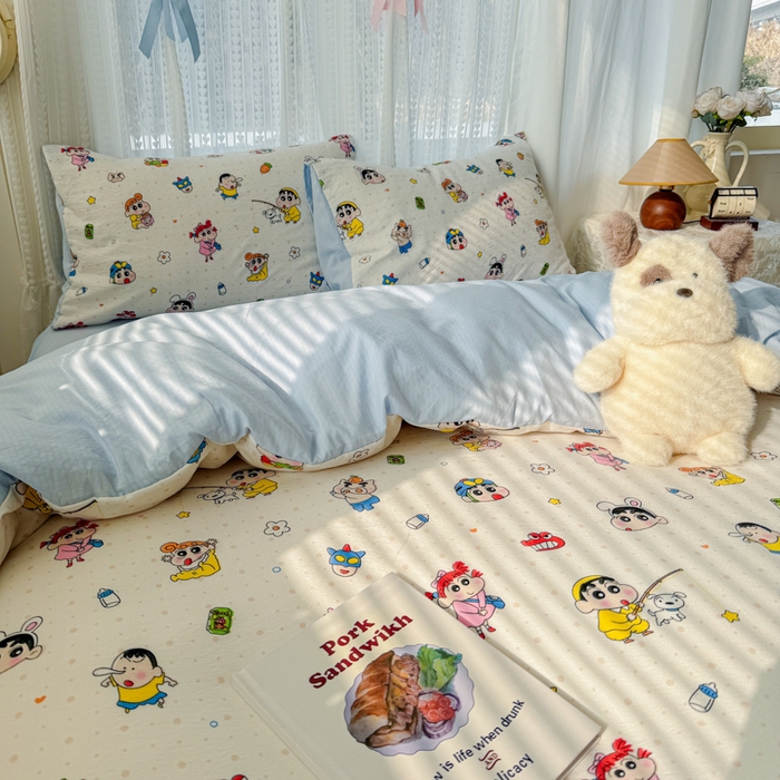 91家纺网 家纺一手货源 找家纺 温眠家纺 2026新款云感针织提花双层纱四件套 快乐小新