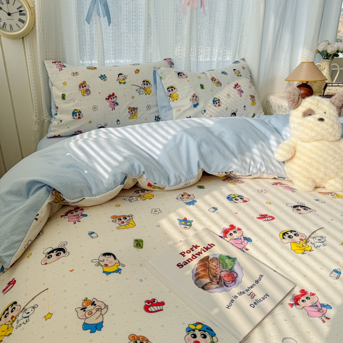 91家纺网 家纺一手货源 找家纺 温眠家纺 2026新款云感针织提花双层纱四件套 快乐小新