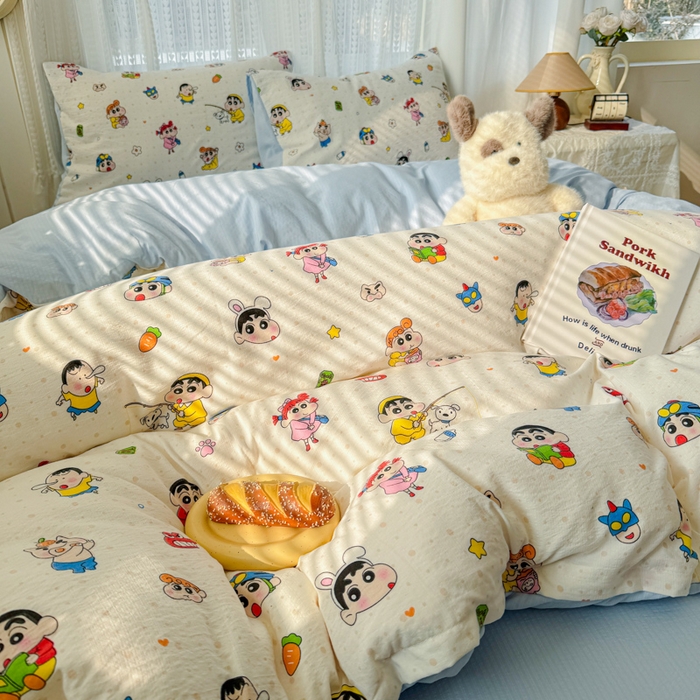 91家纺网 家纺一手货源 找家纺 温眠家纺 2026新款云感针织提花双层纱四件套 快乐小新