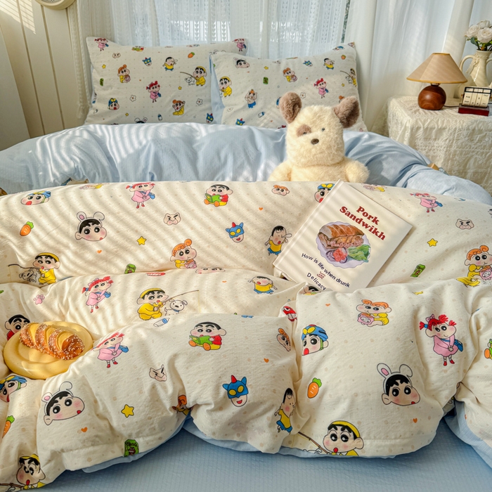 91家纺网 家纺一手货源 找家纺 温眠家纺 2026新款云感针织提花双层纱四件套 快乐小新