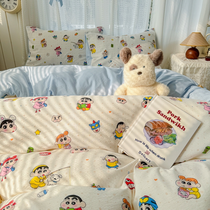 91家纺网 家纺一手货源 找家纺 温眠家纺 2026新款云感针织提花双层纱四件套 快乐小新