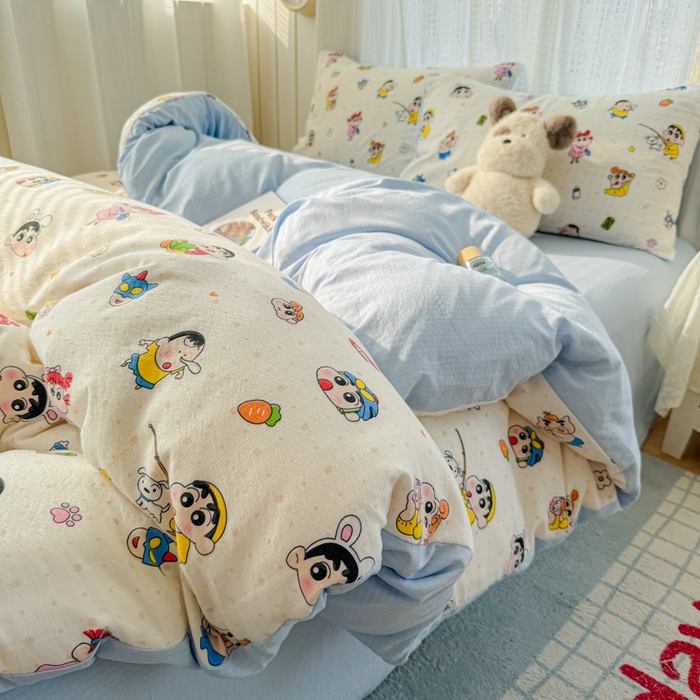 91家纺网 家纺一手货源 找家纺 温眠家纺 2026新款云感针织提花双层纱四件套 快乐小新