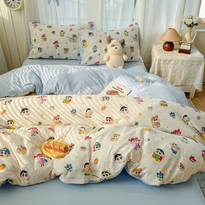 91家纺网 家纺一手货源 找家纺 温眠家纺 2026新款云感针织提花双层纱四件套 快乐小新