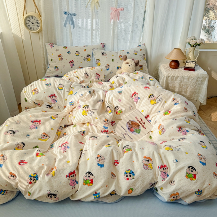 91家纺网 家纺一手货源 找家纺 温眠家纺 2026新款云感针织提花双层纱四件套 快乐小新