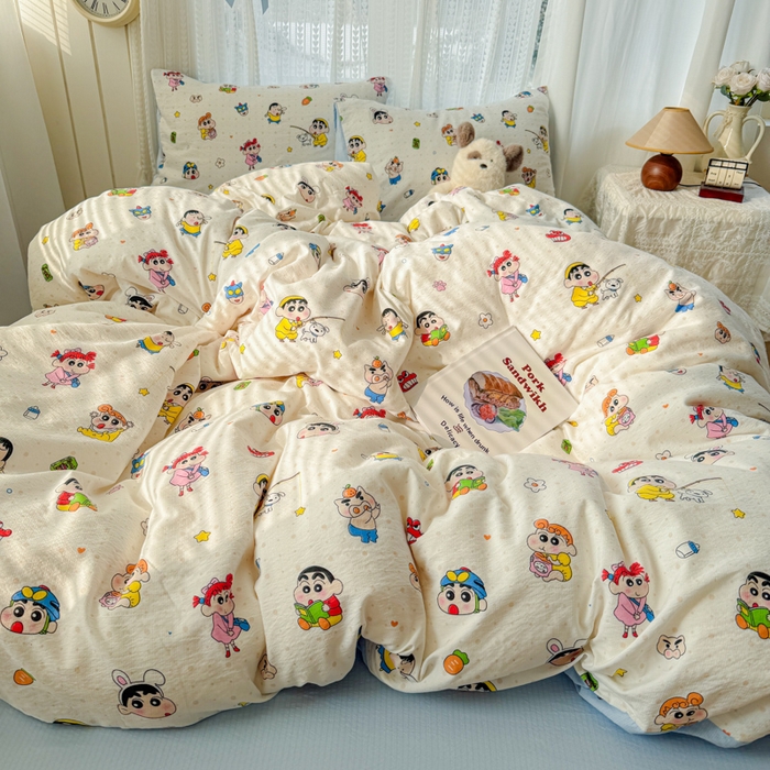 91家纺网 家纺一手货源 找家纺 温眠家纺 2026新款云感针织提花双层纱四件套 快乐小新