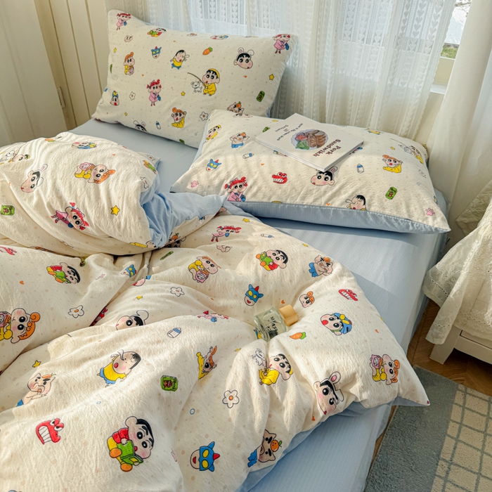 91家纺网 家纺一手货源 找家纺 温眠家纺 2026新款云感针织提花双层纱四件套 快乐小新