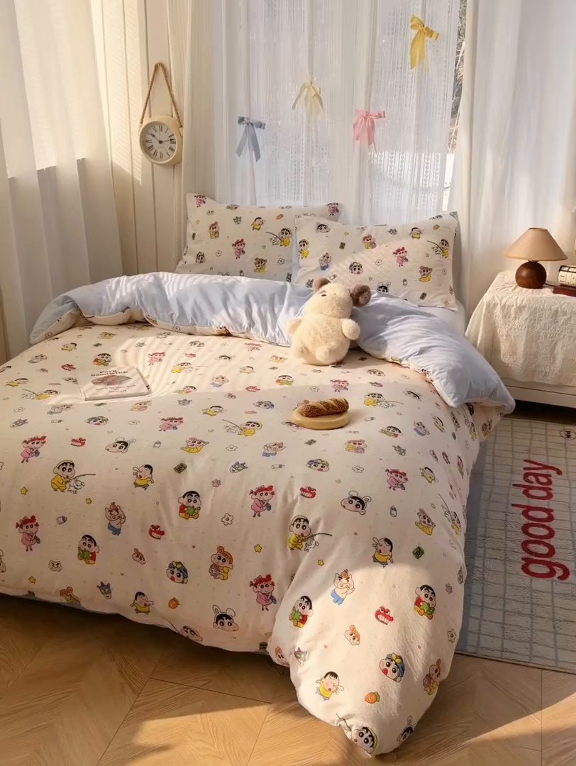 91家纺网 家纺一手货源 找家纺 温眠家纺 2026新款云感针织提花双层纱四件套 快乐小新