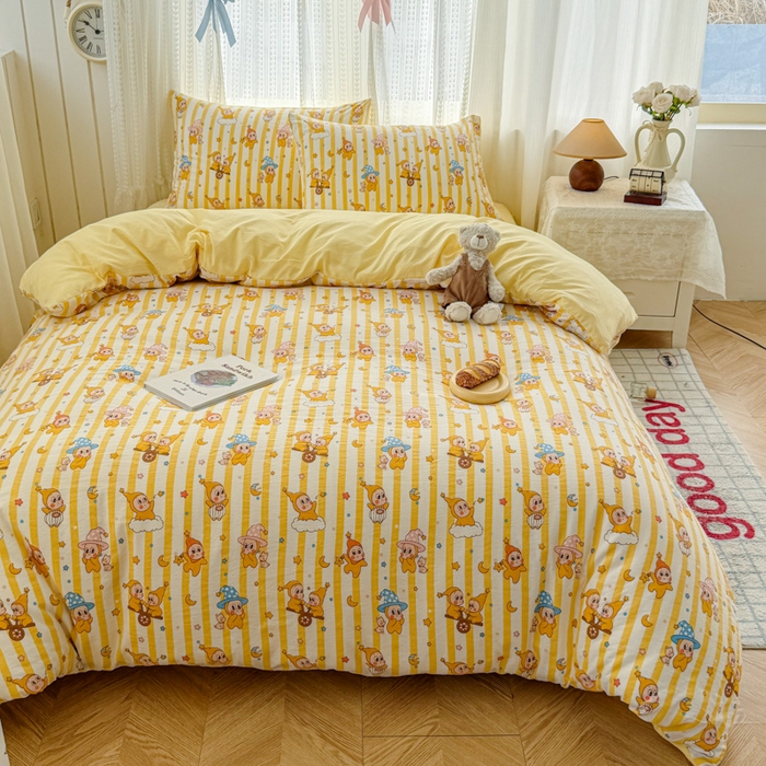 91家纺网 家纺一手货源 找家纺 温眠家纺 2026新款云感针织提花双层纱四件套 快乐星星