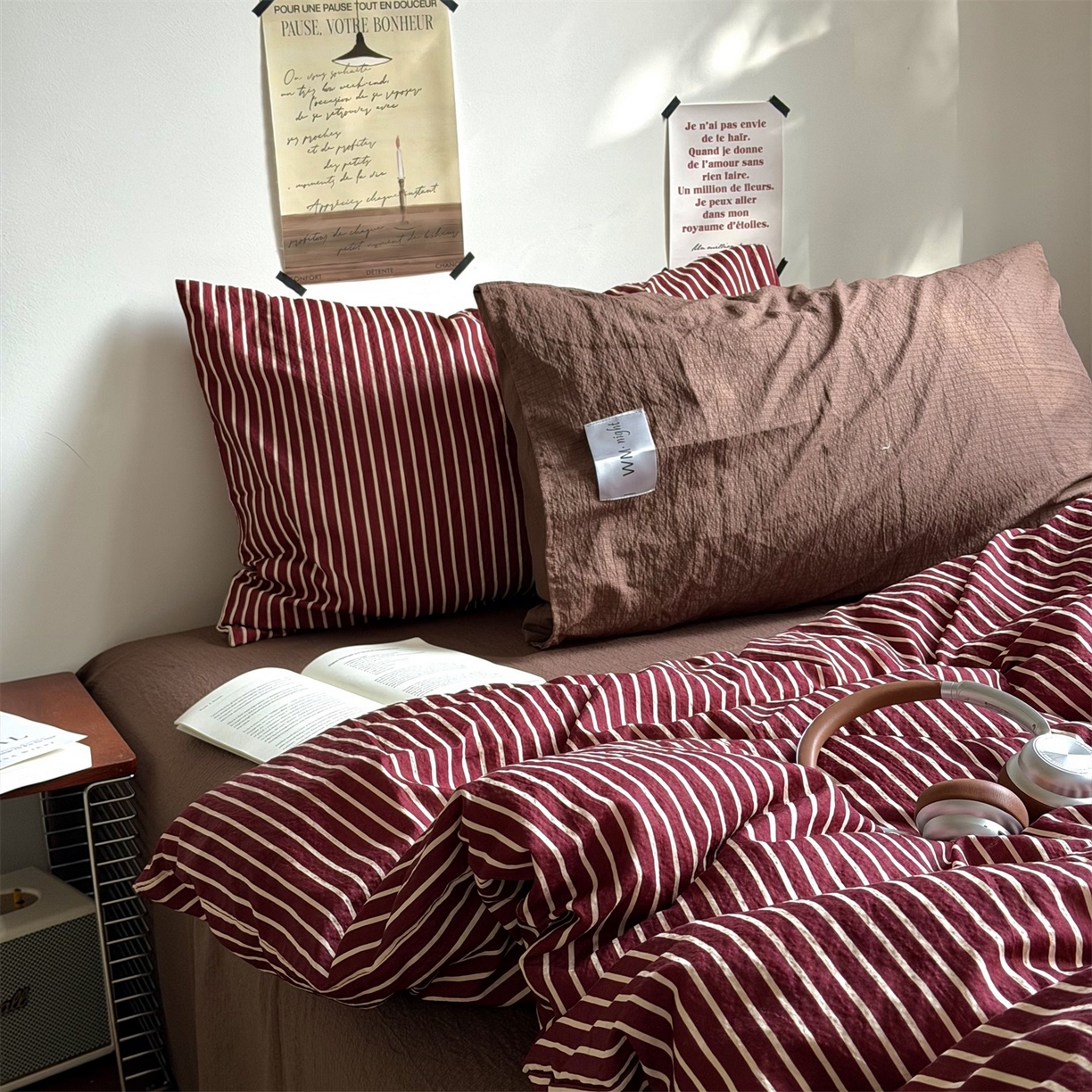 91家纺网 家纺一手货源 找家纺 拾一 2026新款条纹简约中古木棉水洗棉四件套 慵懒条-红