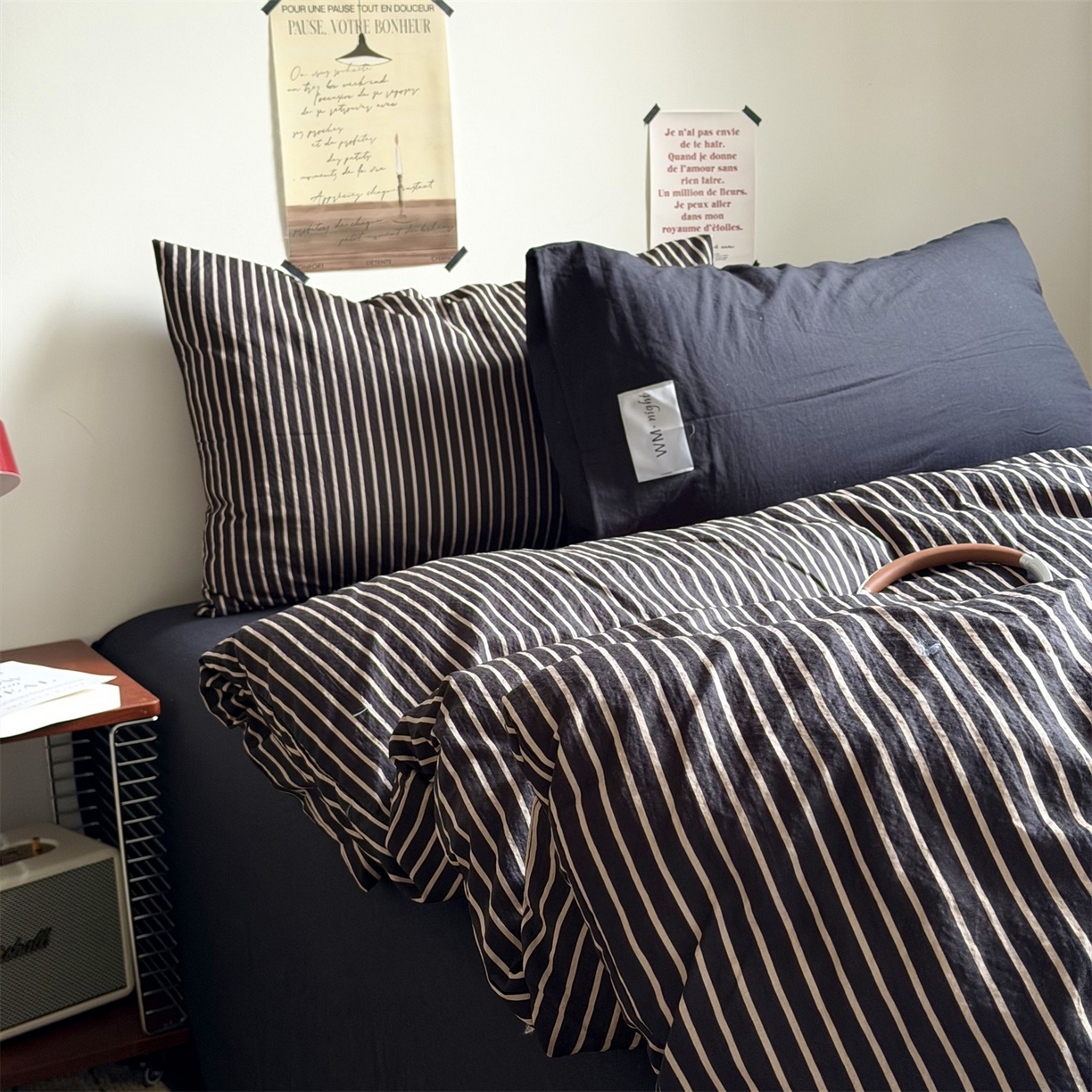 91家纺网 家纺一手货源 找家纺 拾一 2026新款条纹简约中古木棉水洗棉四件套 慵懒条-黑