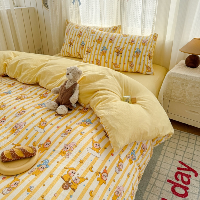 91家纺网 家纺一手货源 找家纺 温眠家纺 2026新款云感针织提花双层纱四件套 快乐星星