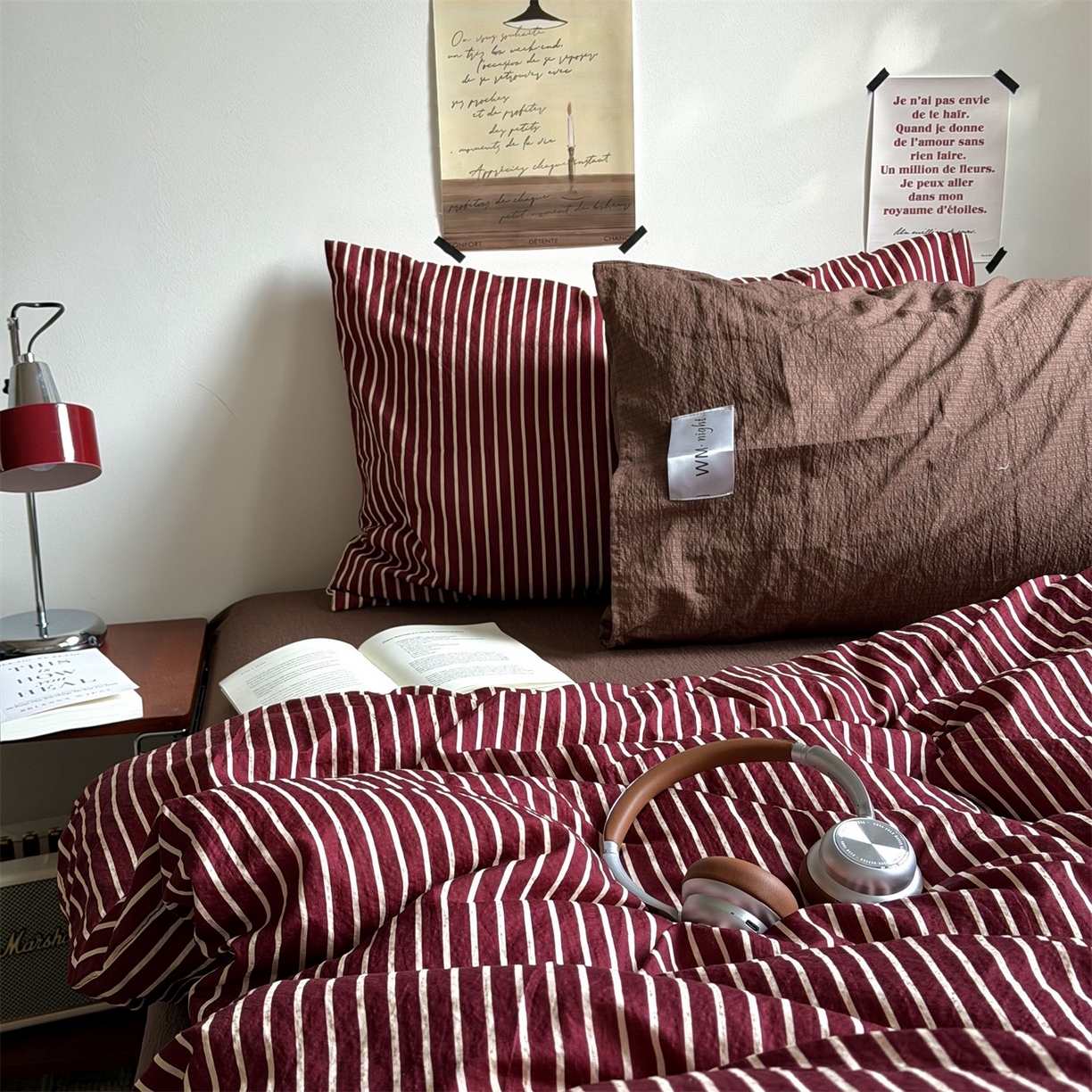 91家纺网 家纺一手货源 找家纺 拾一 2026新款条纹简约中古木棉水洗棉四件套 慵懒条-红