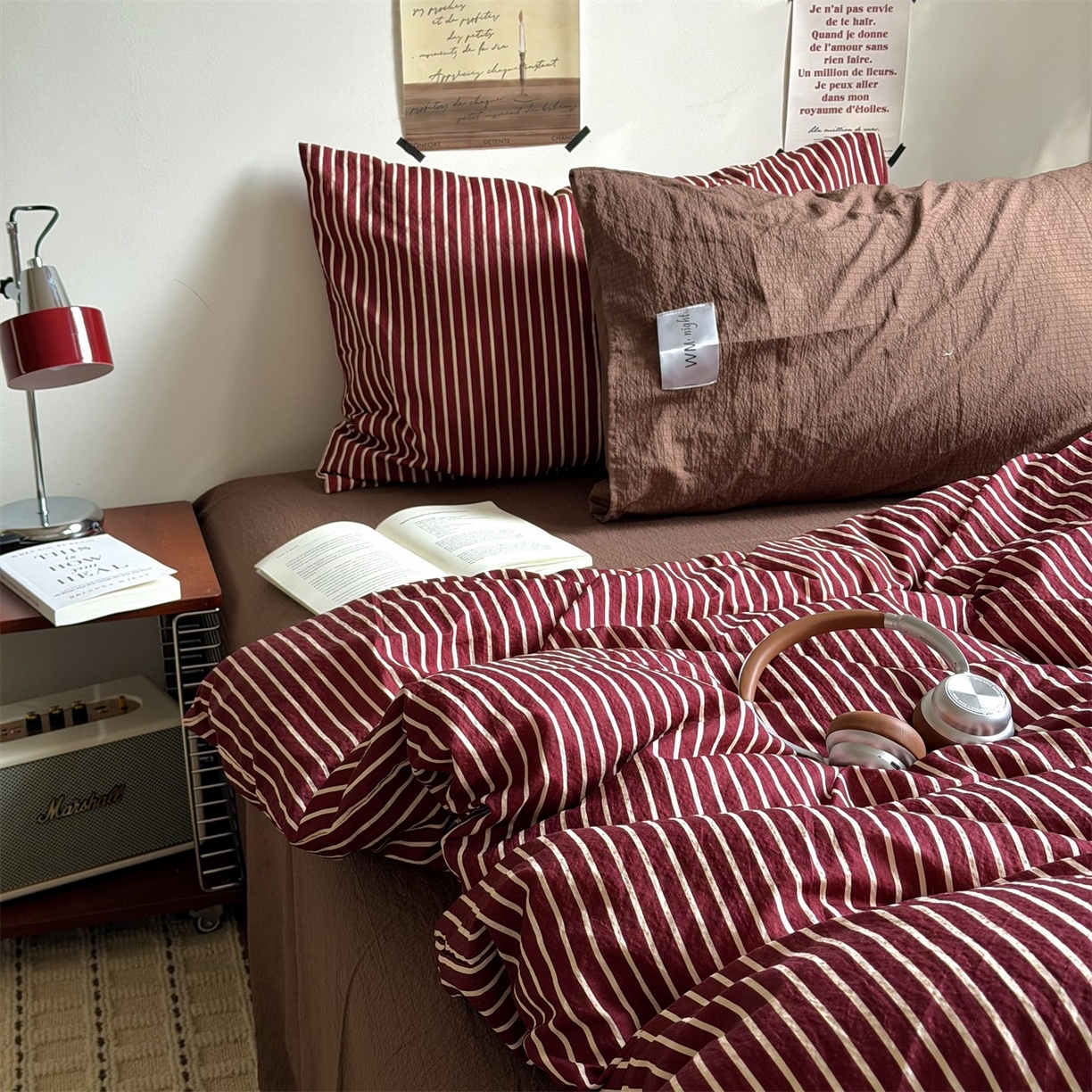 91家纺网 家纺一手货源 找家纺 拾一 2026新款条纹简约中古木棉水洗棉四件套 慵懒条-红