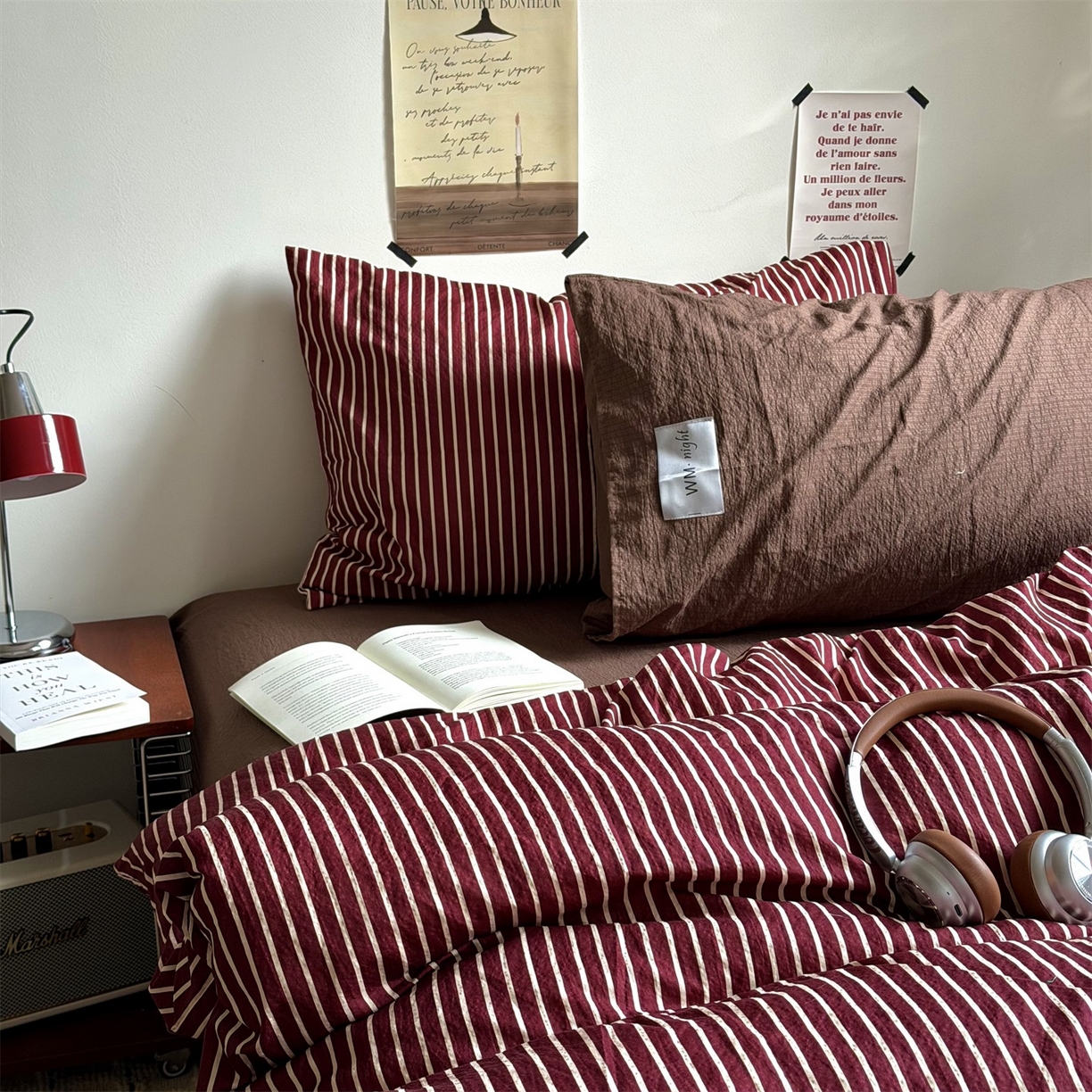 拾一 2026新款条纹简约中古木棉水洗棉四件套 慵懒条-红