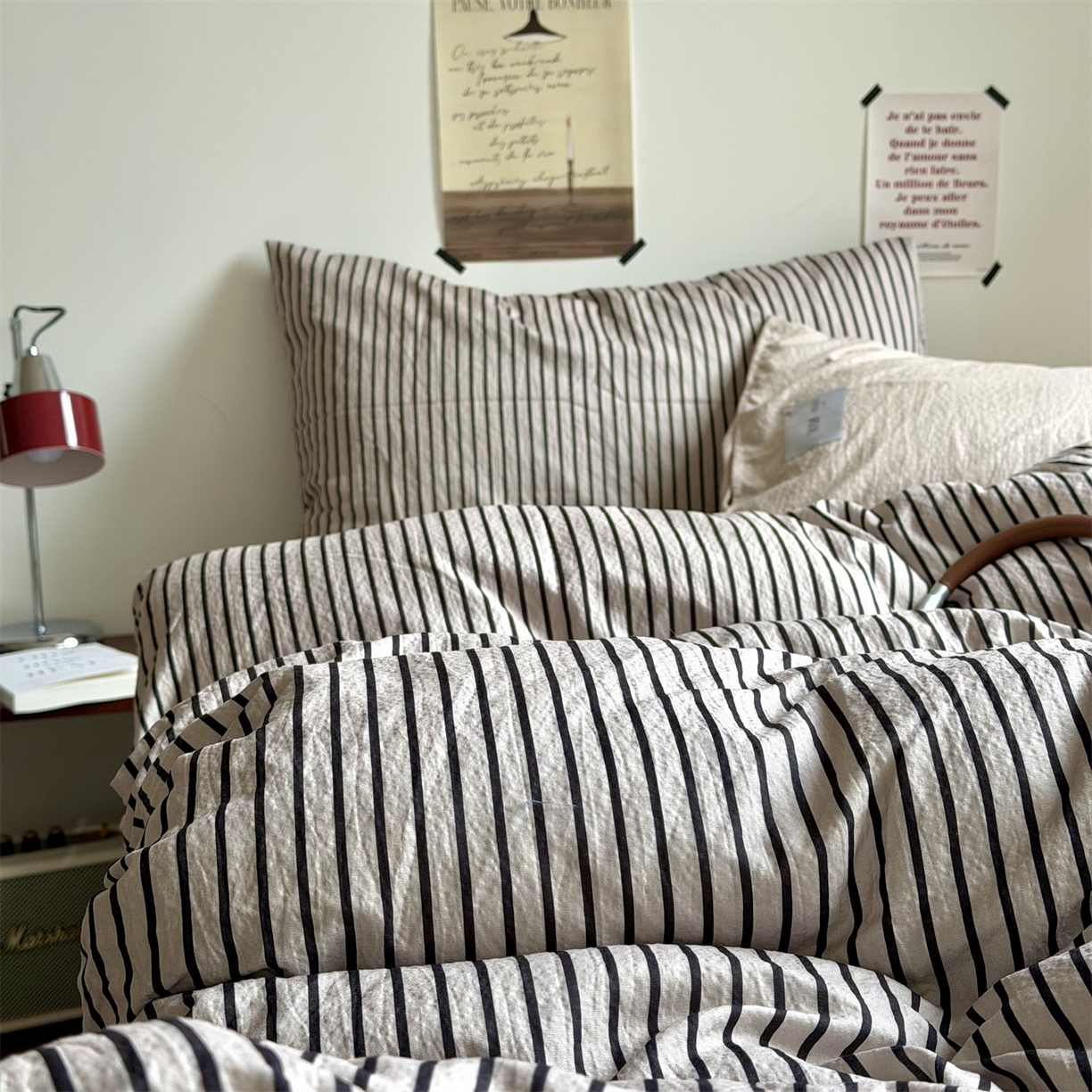 91家纺网 家纺一手货源 找家纺 拾一 2026新款条纹简约中古木棉水洗棉四件套 慵懒条-灰