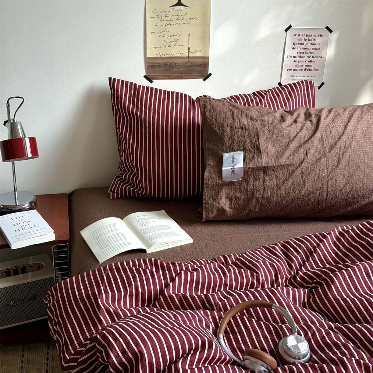 91家纺网 家纺一手货源 找家纺 拾一 2026新款条纹简约中古木棉水洗棉四件套 慵懒条-红