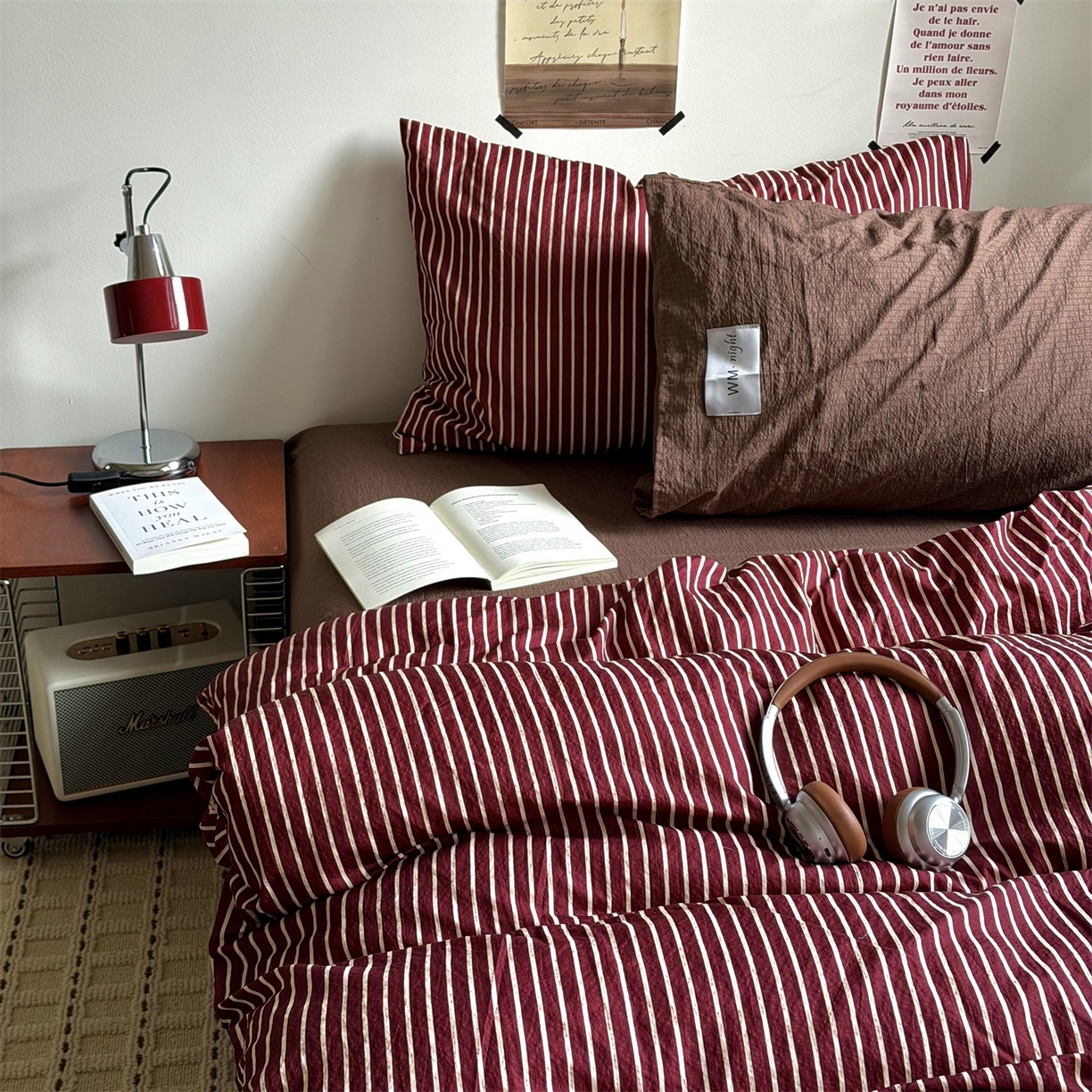 91家纺网 家纺一手货源 找家纺 拾一 2026新款条纹简约中古木棉水洗棉四件套 慵懒条-红