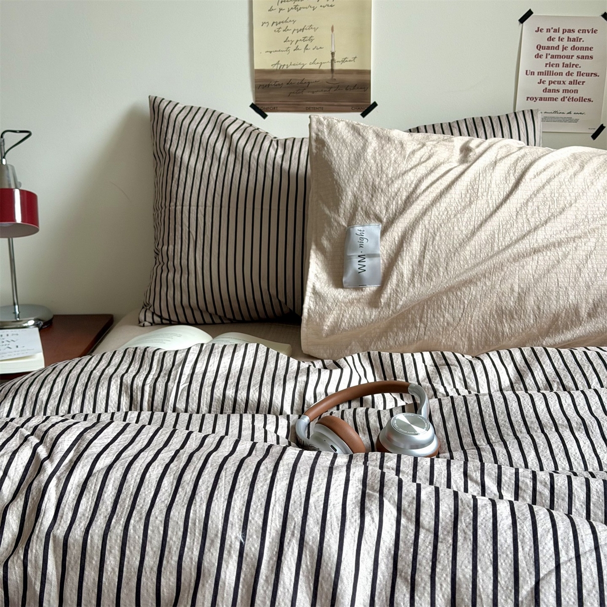 91家纺网 家纺一手货源 找家纺 拾一 2026新款条纹简约中古木棉水洗棉四件套 慵懒条-灰