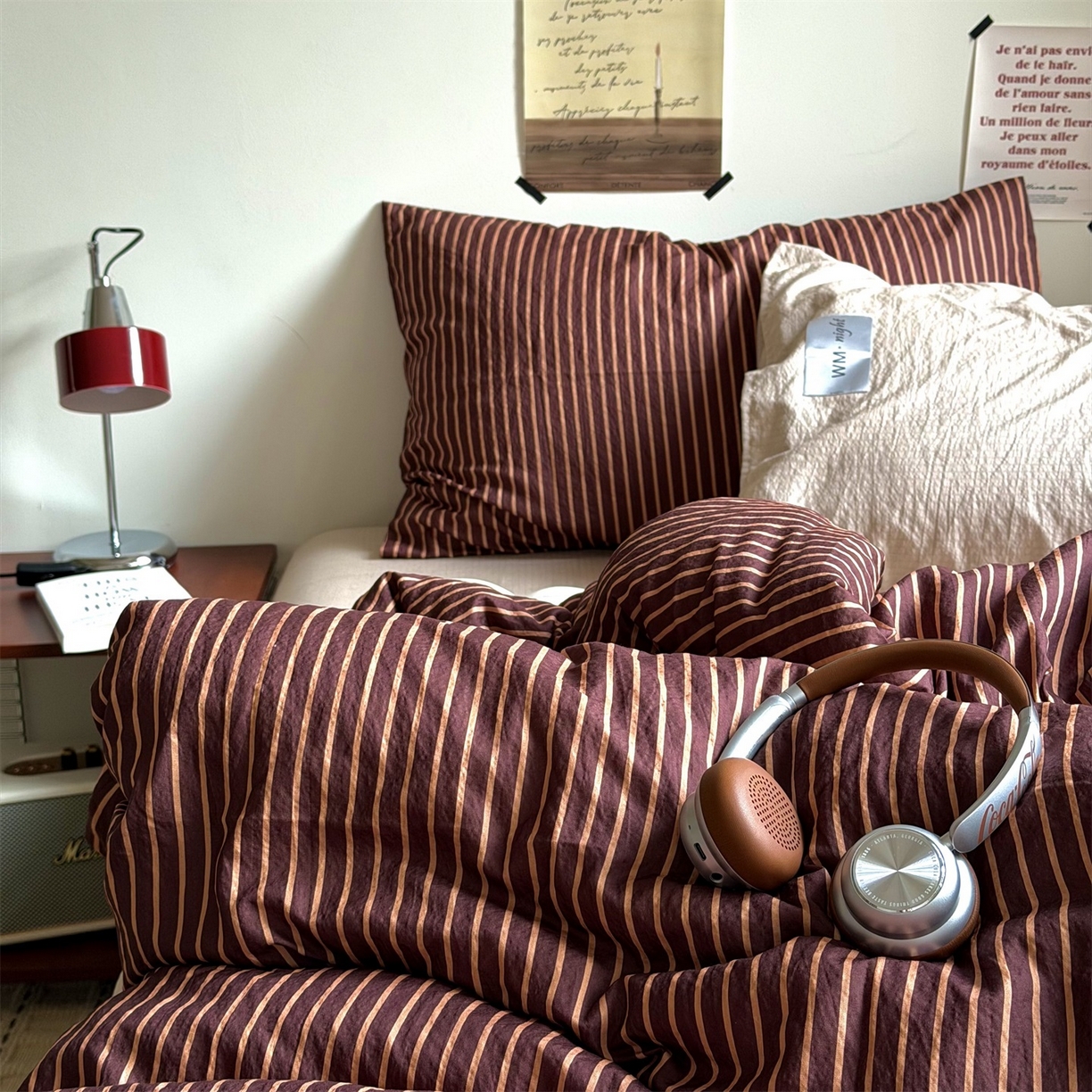 91家纺网 家纺一手货源 找家纺 拾一 2026新款条纹简约中古木棉水洗棉四件套 慵懒条-棕