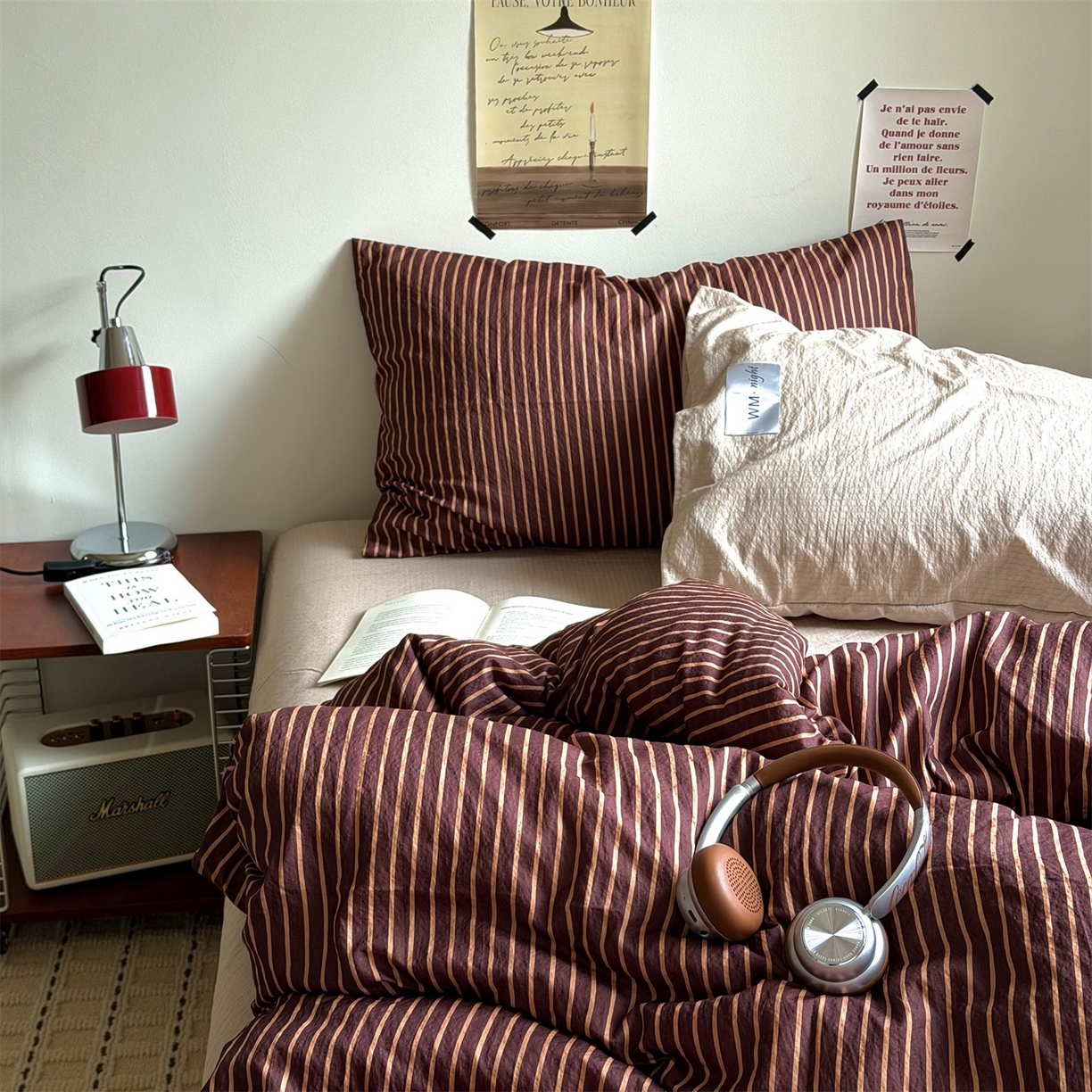 91家纺网 家纺一手货源 找家纺 拾一 2026新款条纹简约中古木棉水洗棉四件套 慵懒条-棕