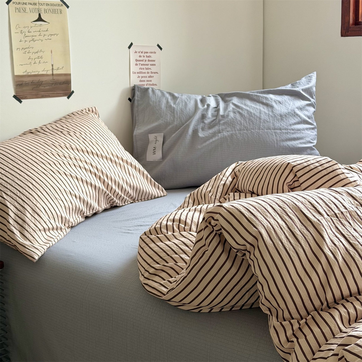 91家纺网 家纺一手货源 找家纺 拾一 2026新款条纹简约中古木棉水洗棉四件套 慵懒条-奶茶