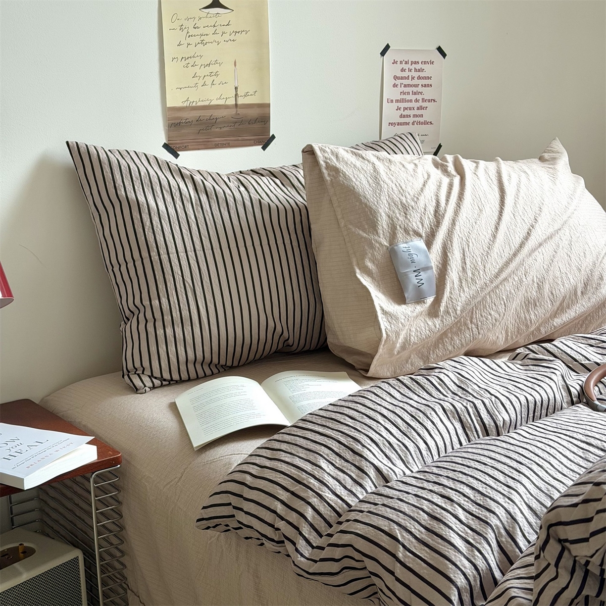 91家纺网 家纺一手货源 找家纺 拾一 2026新款条纹简约中古木棉水洗棉四件套 慵懒条-灰