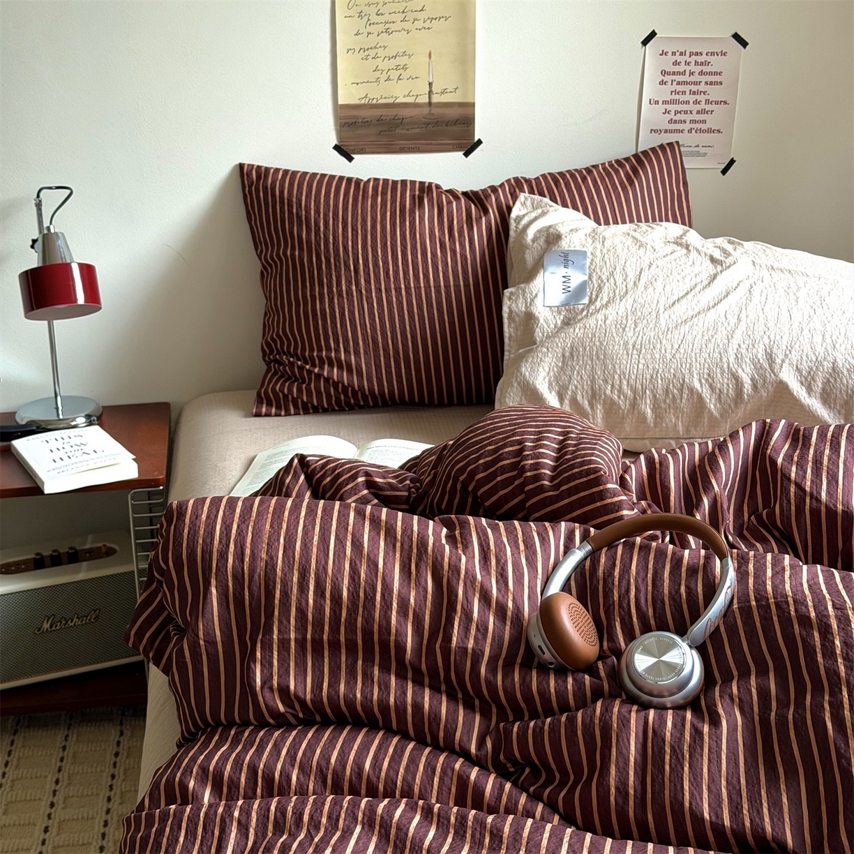 91家纺网 家纺一手货源 找家纺 拾一 2026新款条纹简约中古木棉水洗棉四件套 慵懒条-棕