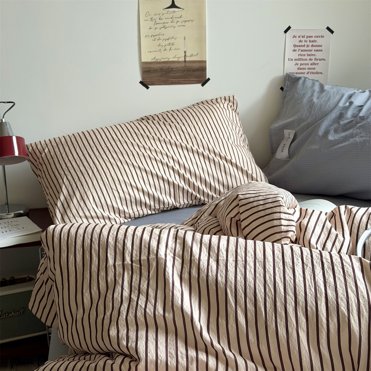 91家纺网 家纺一手货源 找家纺 拾一 2026新款条纹简约中古木棉水洗棉四件套 慵懒条-奶茶