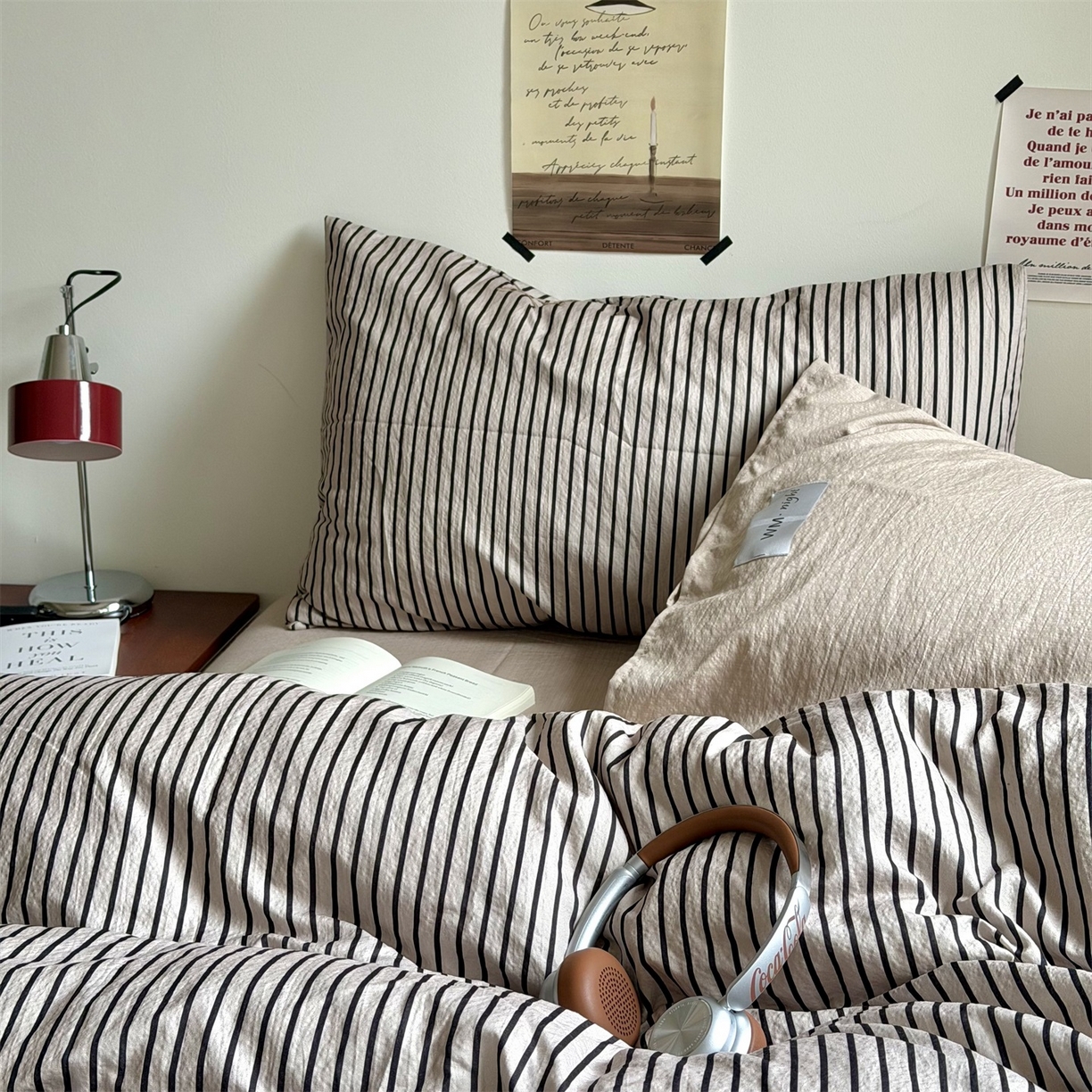 91家纺网 家纺一手货源 找家纺 拾一 2026新款条纹简约中古木棉水洗棉四件套 慵懒条-灰