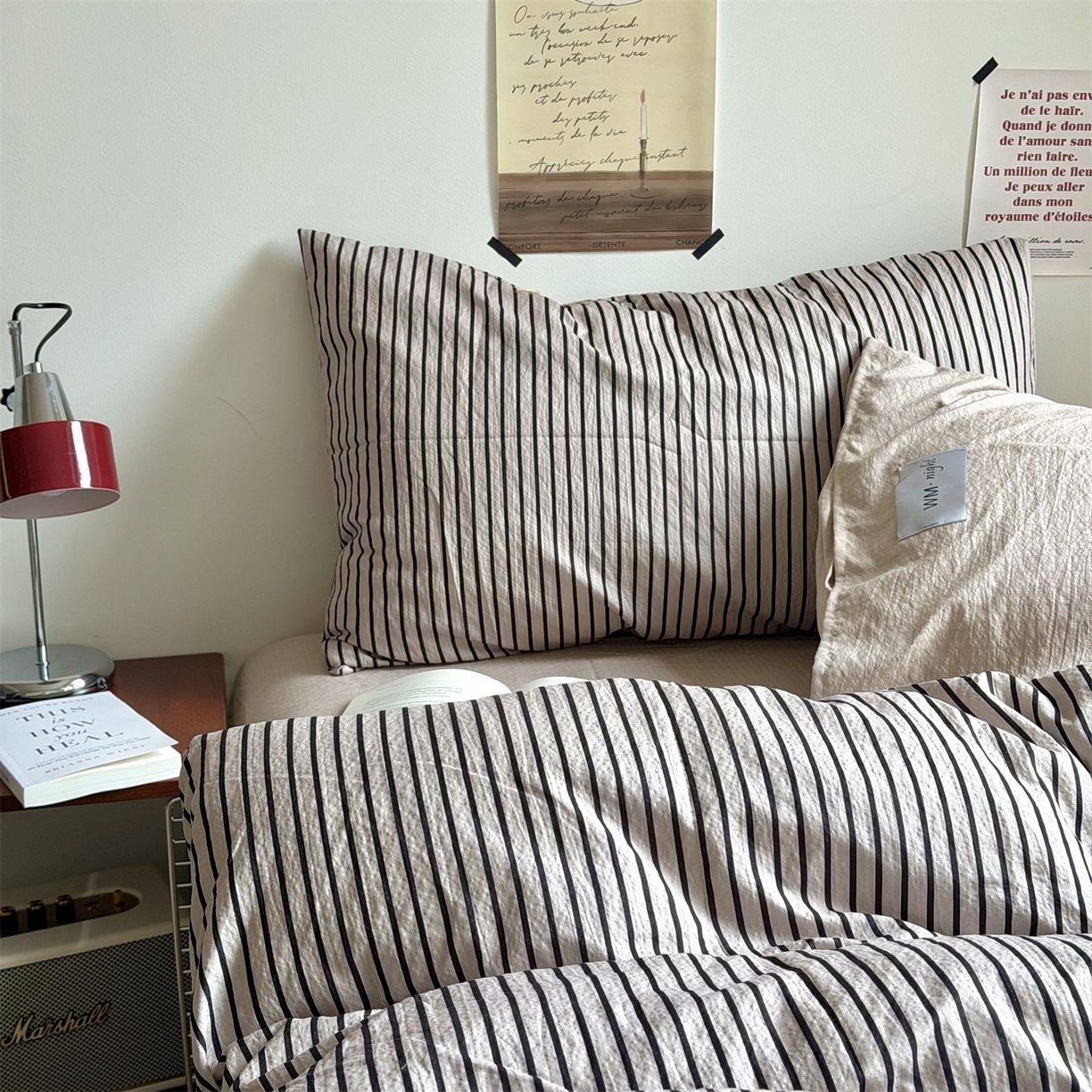 91家纺网 家纺一手货源 找家纺 拾一 2026新款条纹简约中古木棉水洗棉四件套 慵懒条-灰