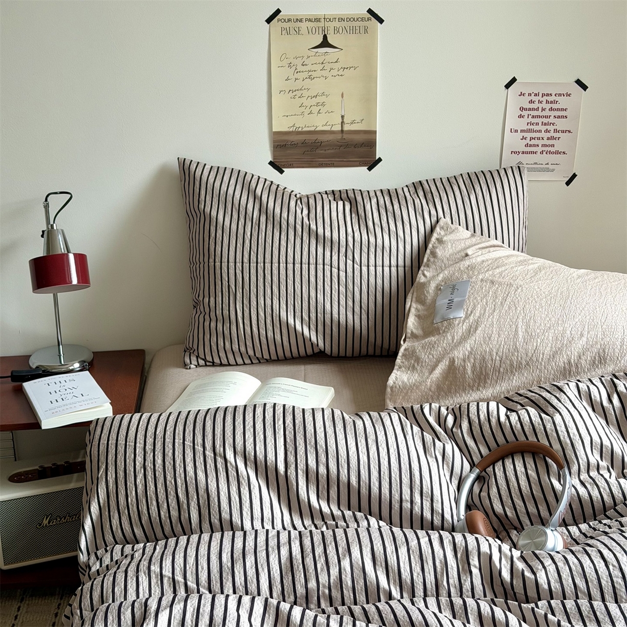 91家纺网 家纺一手货源 找家纺 拾一 2026新款条纹简约中古木棉水洗棉四件套 慵懒条-灰