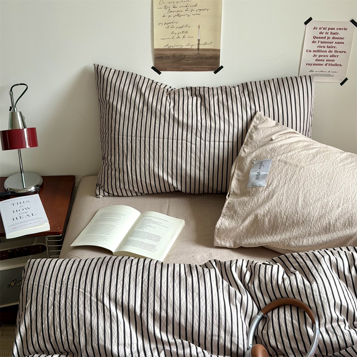 91家纺网 家纺一手货源 找家纺 拾一 2026新款条纹简约中古木棉水洗棉四件套 慵懒条-灰