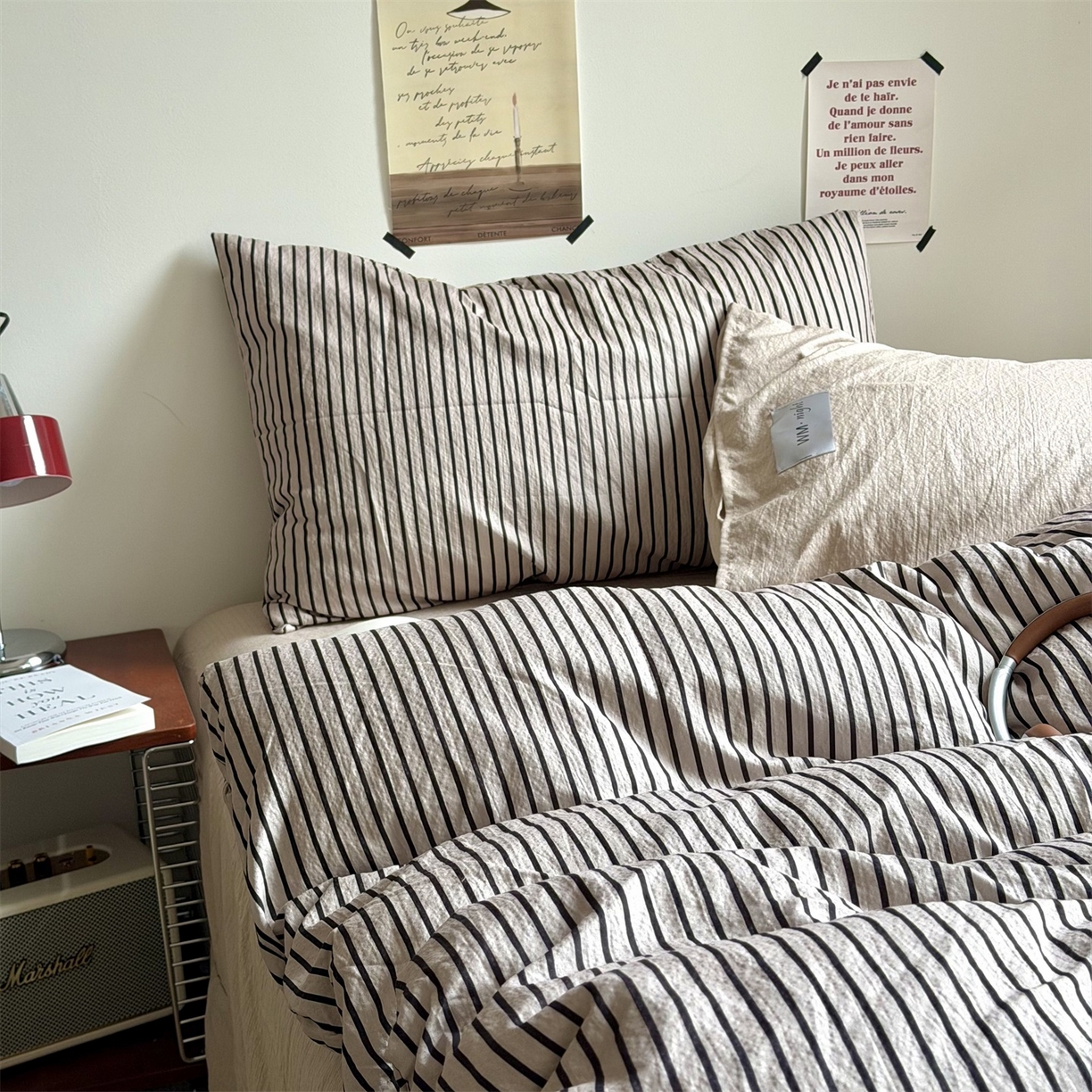 91家纺网 家纺一手货源 找家纺 拾一 2026新款条纹简约中古木棉水洗棉四件套 慵懒条-灰