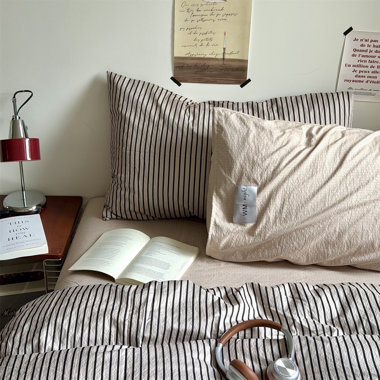 91家纺网 家纺一手货源 找家纺 拾一 2026新款条纹简约中古木棉水洗棉四件套 慵懒条-灰