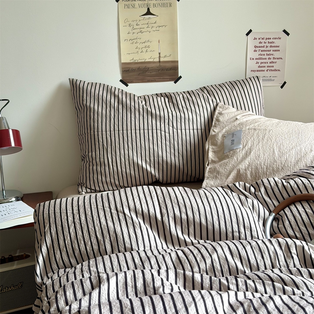 91家纺网 家纺一手货源 找家纺 拾一 2026新款条纹简约中古木棉水洗棉四件套 慵懒条-灰