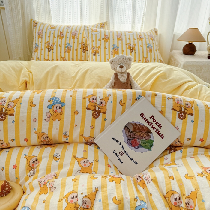 91家纺网 家纺一手货源 找家纺 温眠家纺 2026新款云感针织提花双层纱四件套 快乐星星