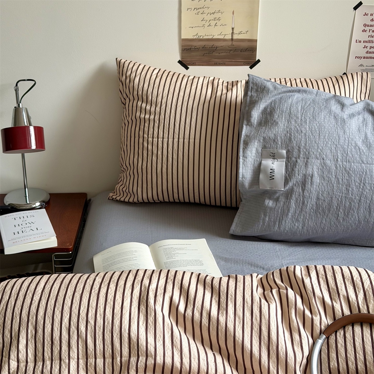 91家纺网 家纺一手货源 找家纺 拾一 2026新款条纹简约中古木棉水洗棉四件套 慵懒条-奶茶