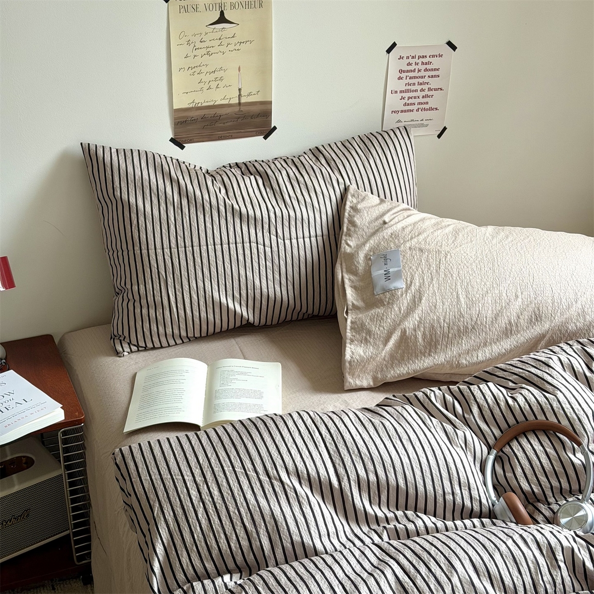 91家纺网 家纺一手货源 找家纺 拾一 2026新款条纹简约中古木棉水洗棉四件套 慵懒条-灰