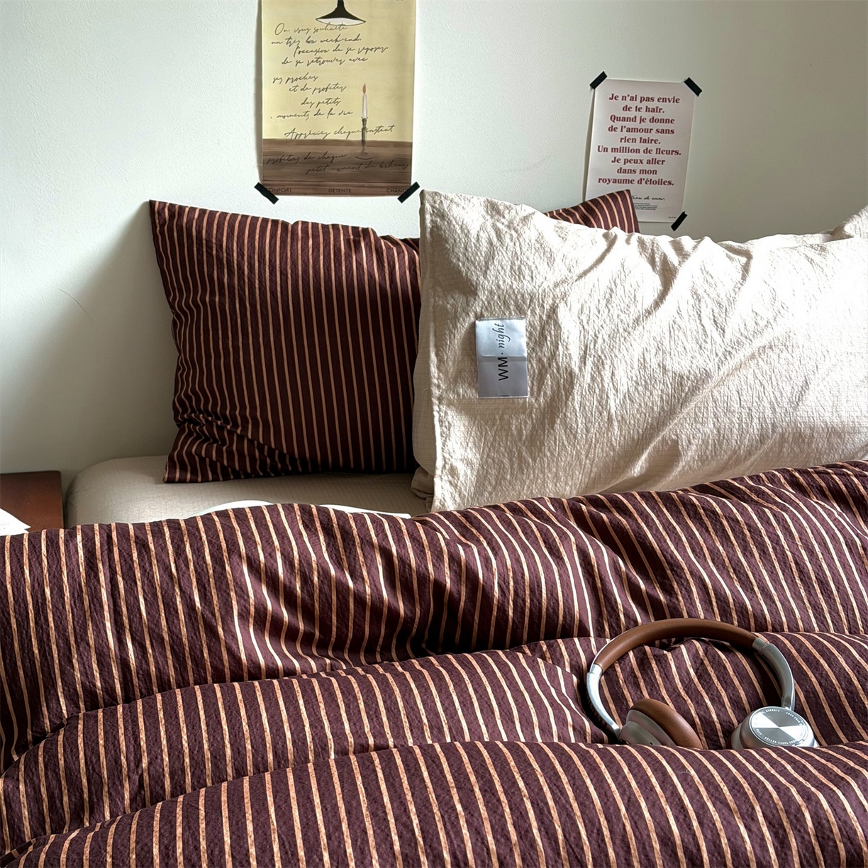 91家纺网 家纺一手货源 找家纺 拾一 2026新款条纹简约中古木棉水洗棉四件套 慵懒条-棕