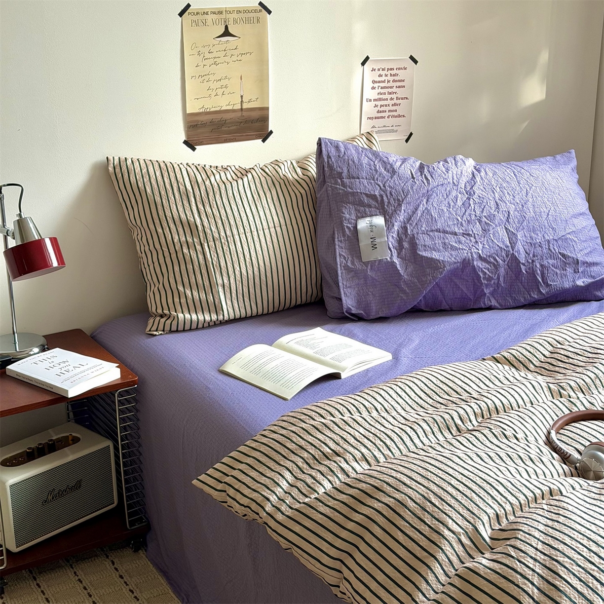 91家纺网 家纺一手货源 找家纺 拾一 2026新款条纹简约中古木棉水洗棉四件套 慵懒条-卡其