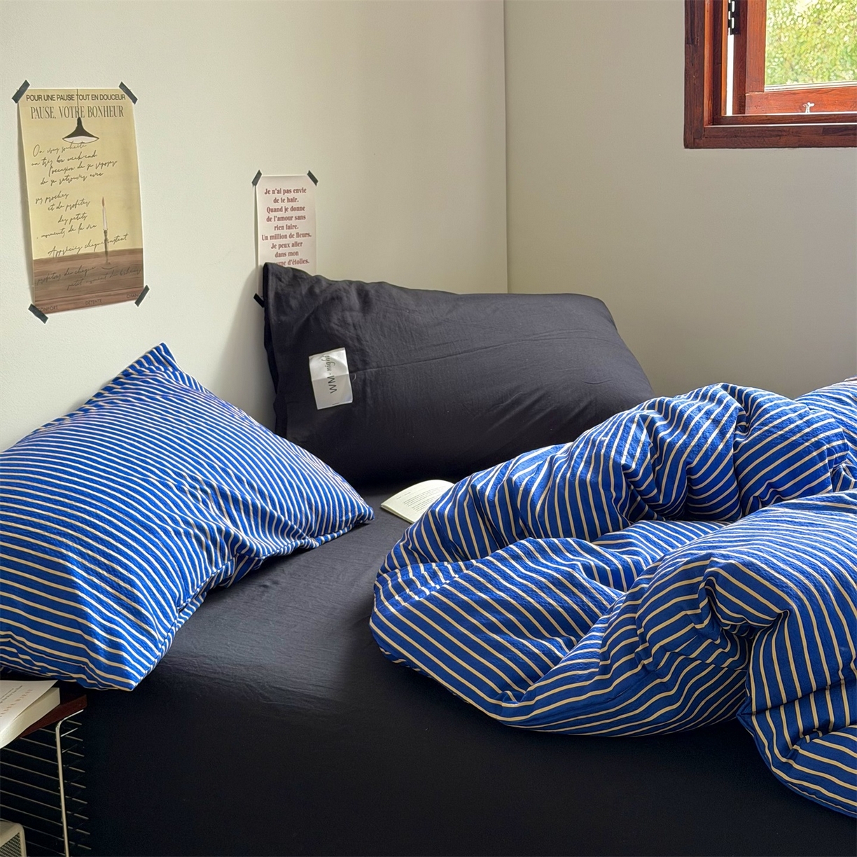 91家纺网 家纺一手货源 找家纺 拾一 2026新款条纹简约中古木棉水洗棉四件套 慵懒条-克莱因蓝