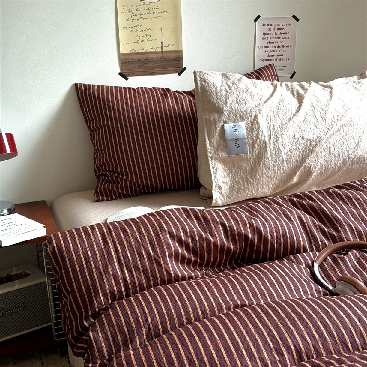 91家纺网 家纺一手货源 找家纺 拾一 2026新款条纹简约中古木棉水洗棉四件套 慵懒条-棕