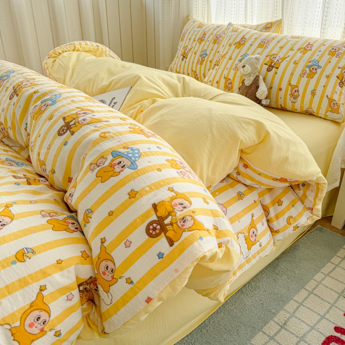 91家纺网 家纺一手货源 找家纺 温眠家纺 2026新款云感针织提花双层纱四件套 快乐星星