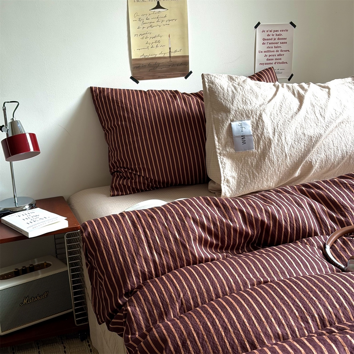 91家纺网 家纺一手货源 找家纺 拾一 2026新款条纹简约中古木棉水洗棉四件套 慵懒条-棕