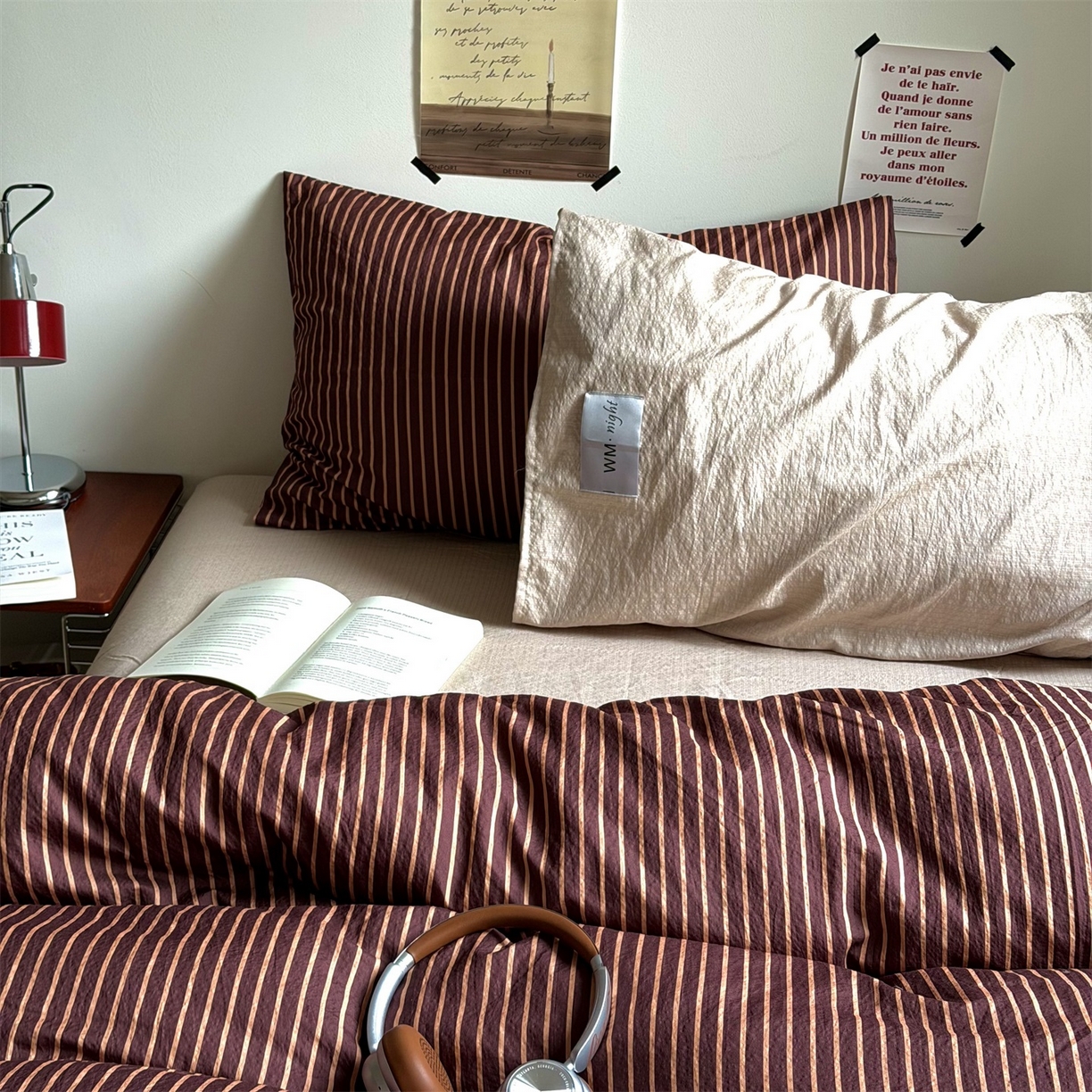 91家纺网 家纺一手货源 找家纺 拾一 2026新款条纹简约中古木棉水洗棉四件套 慵懒条-棕